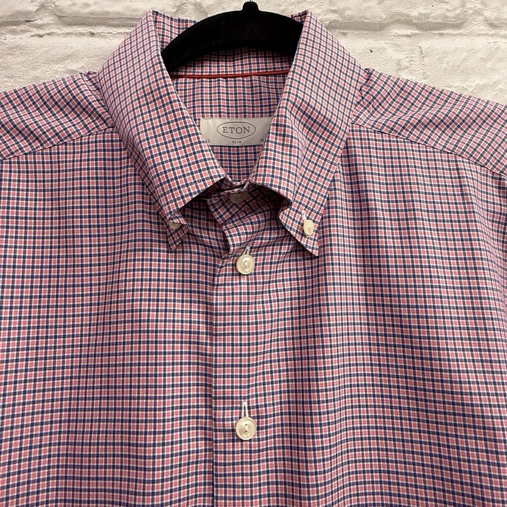 Eton Slim Fit Blue Pink Plaid Gingham Long Sleeve Dress Shirt Men's Size 42 16.5
